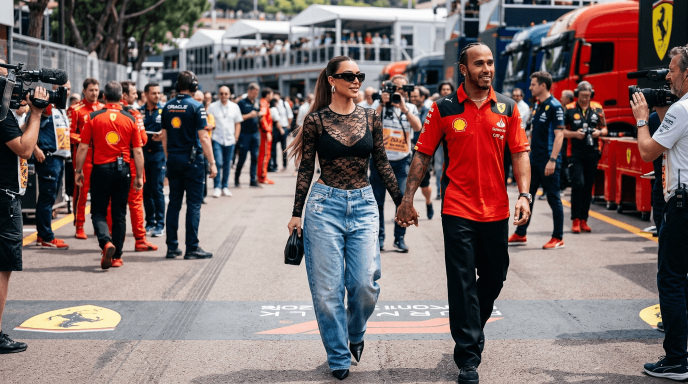 A celebrity couple walking through a Formula 1 paddock surrounded by cameras
